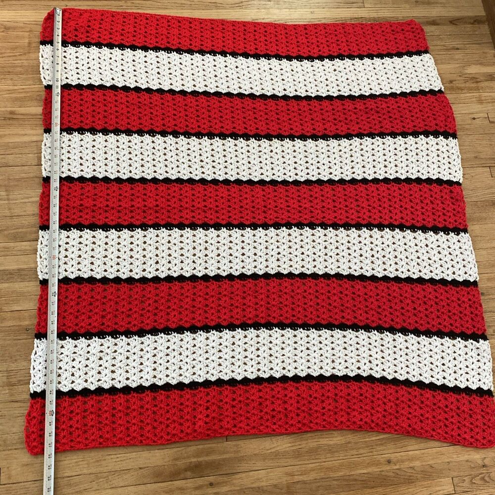 Beautiful Handmade Crochet Afghan Red White & Black 50x48